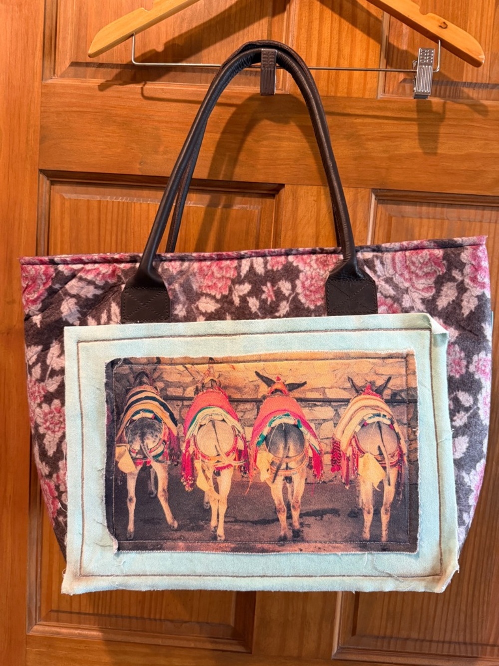 Floral Print Tote Bag with Colorful Donkey Panel - Pink